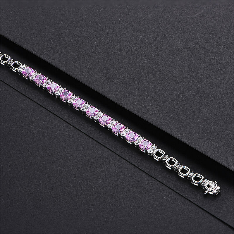 Alternating Cushion Cut Red Corundum Sterling Silver Bracelet