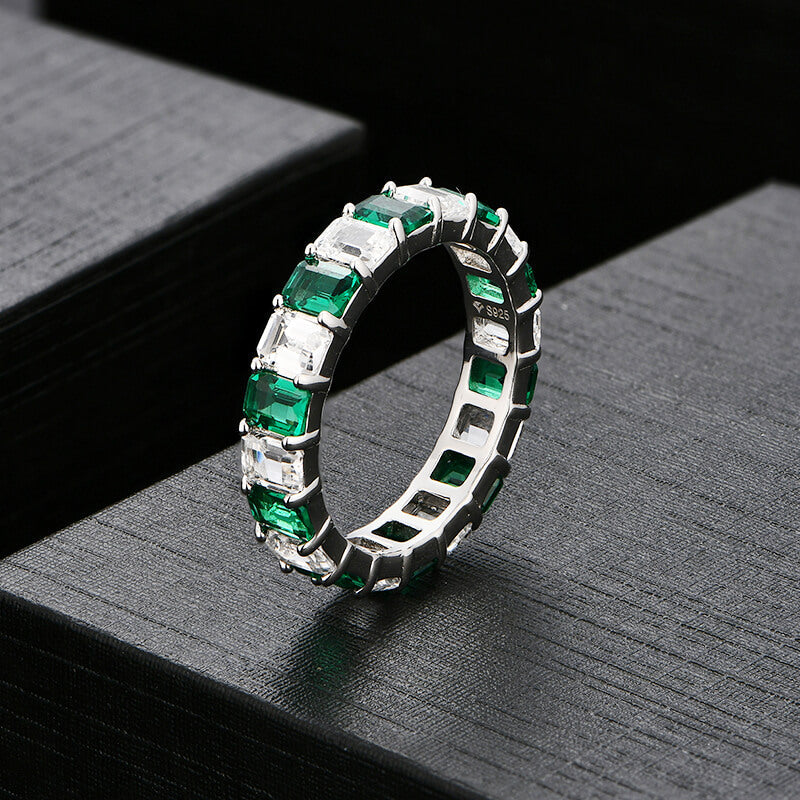 Alternating Emerald And White Sapphire Eternity Wedding Band Ring