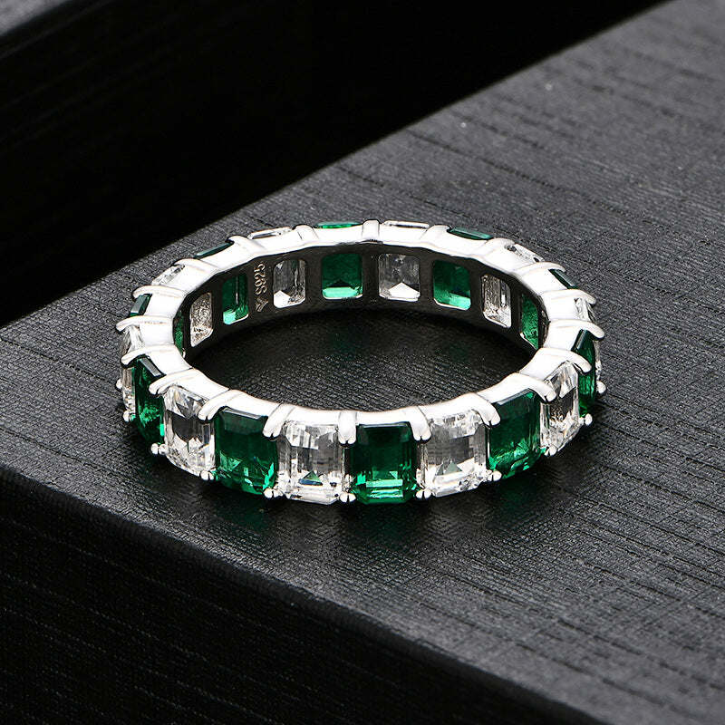 Alternating Emerald And White Sapphire Eternity Wedding Band Ring