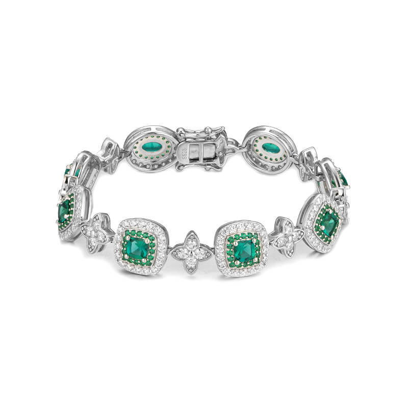 Alternating Halo Emerald And Four Leaf Bracelet In Sterling Silver