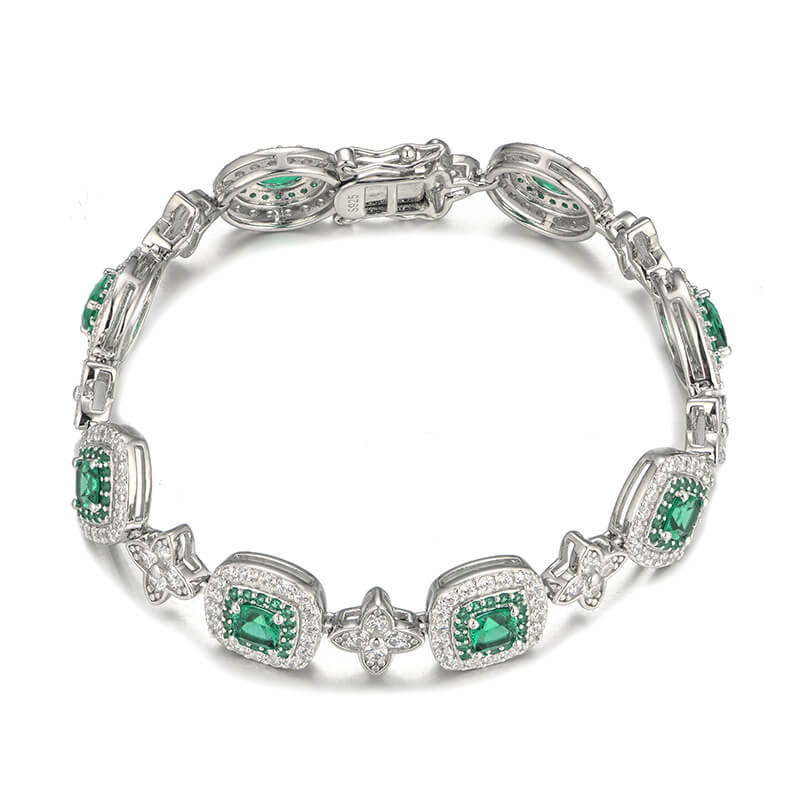 Alternating Halo Emerald And Four Leaf Bracelet In Sterling Silver