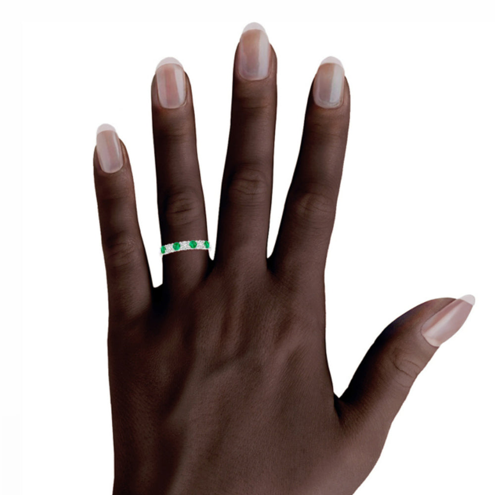 Alternating Moissanite And Emerald Half Eternity Wedding Band Ring