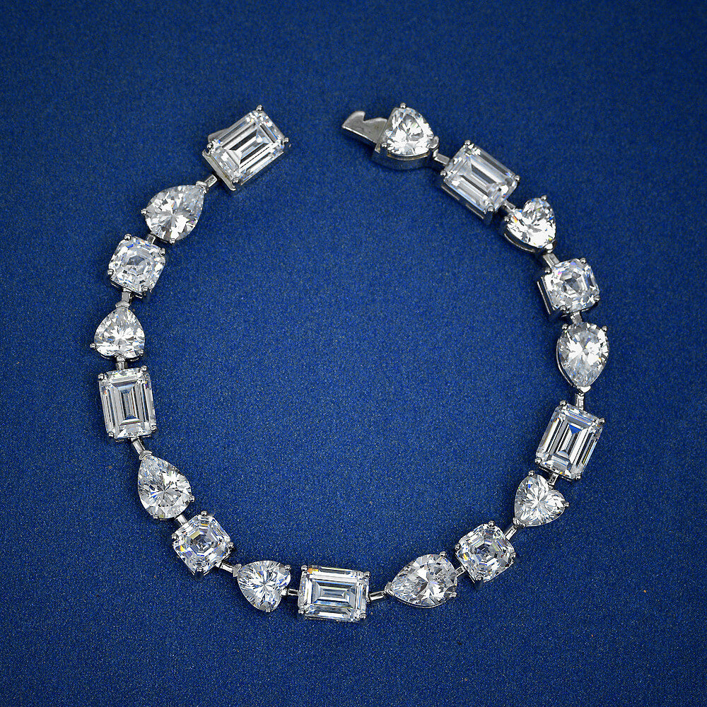 Alternating Pear Heart Asscher Emerald-Cut Lab-Sapphire Sterling Silver Bracelet