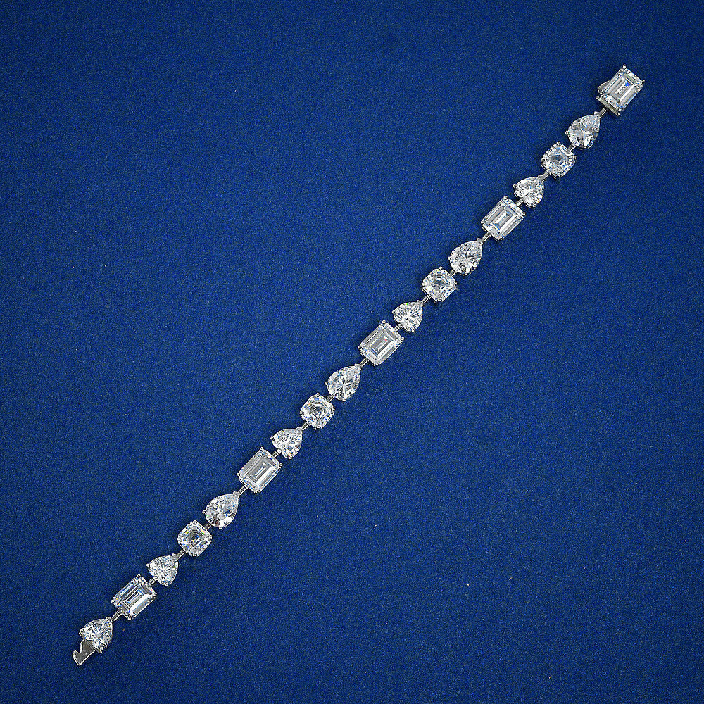 Alternating Pear Heart Asscher Emerald-Cut Lab-Sapphire Sterling Silver Bracelet