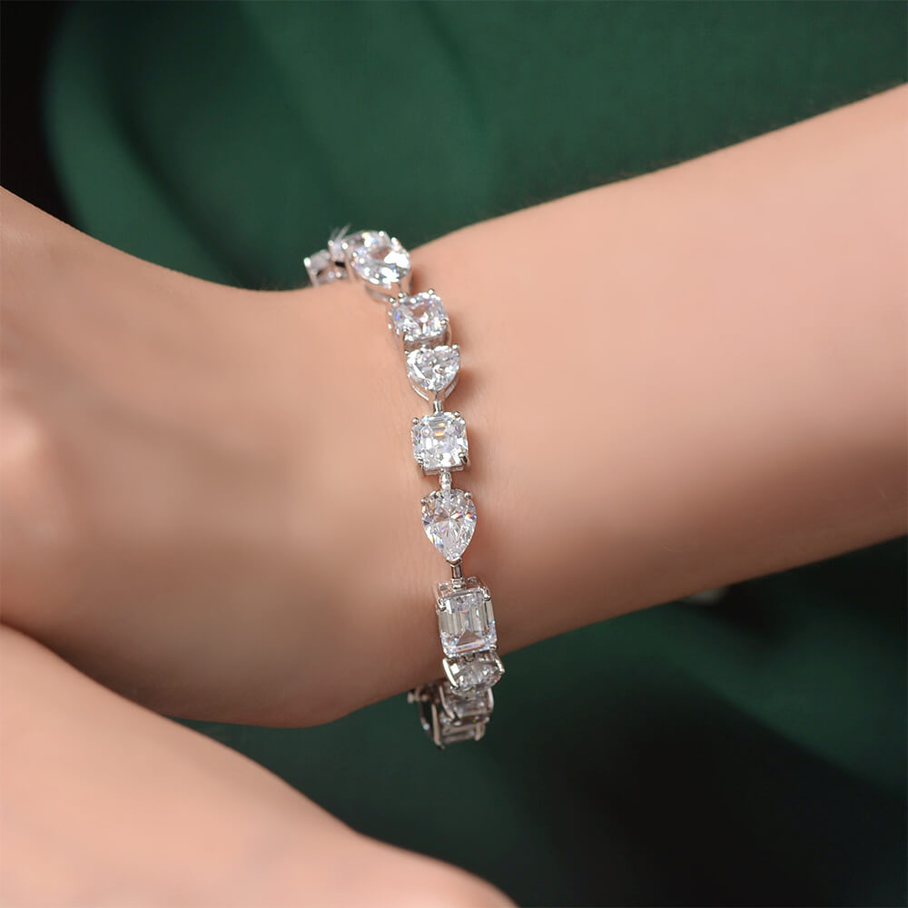 Alternating Pear Heart Asscher Emerald-Cut Lab-Sapphire Sterling Silver Bracelet