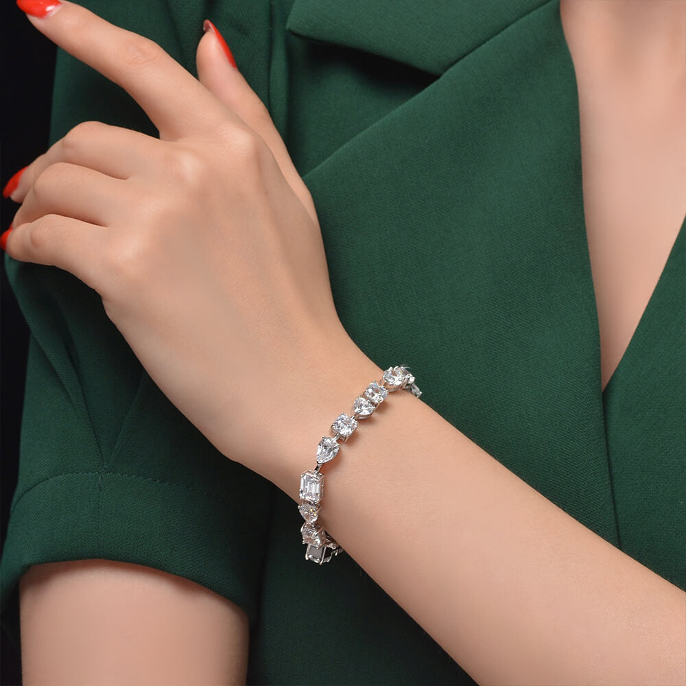 Alternating Pear Heart Asscher Emerald-Cut Lab-Sapphire Sterling Silver Bracelet
