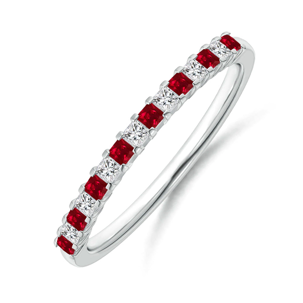 Alternating Princess Moissanite And Ruby Half Eternity Wedding Band Ring