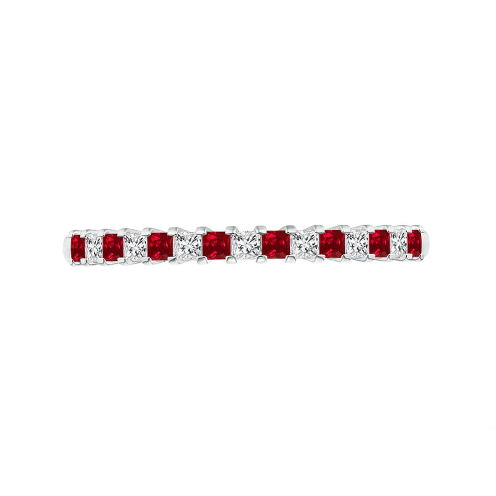 Alternating Princess Moissanite And Ruby Half Eternity Wedding Band Ring