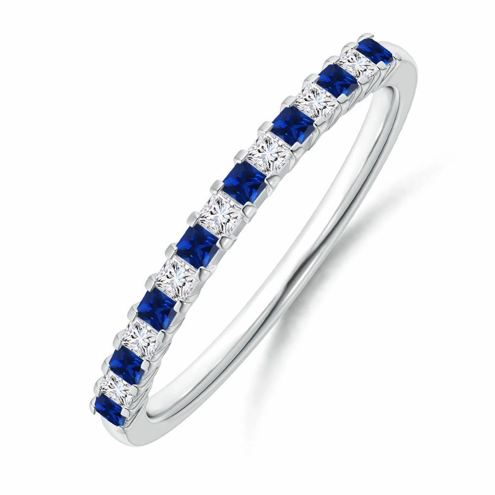 Alternating Princess Moissanite And Sapphire Half Eternity Wedding Band Ring
