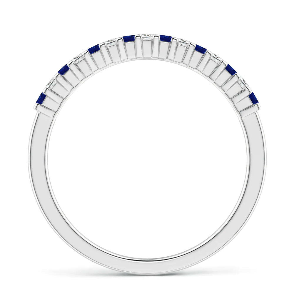 Alternating Princess Moissanite And Sapphire Half Eternity Wedding Band Ring
