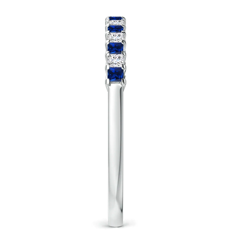 Alternating Princess Moissanite And Sapphire Half Eternity Wedding Band Ring