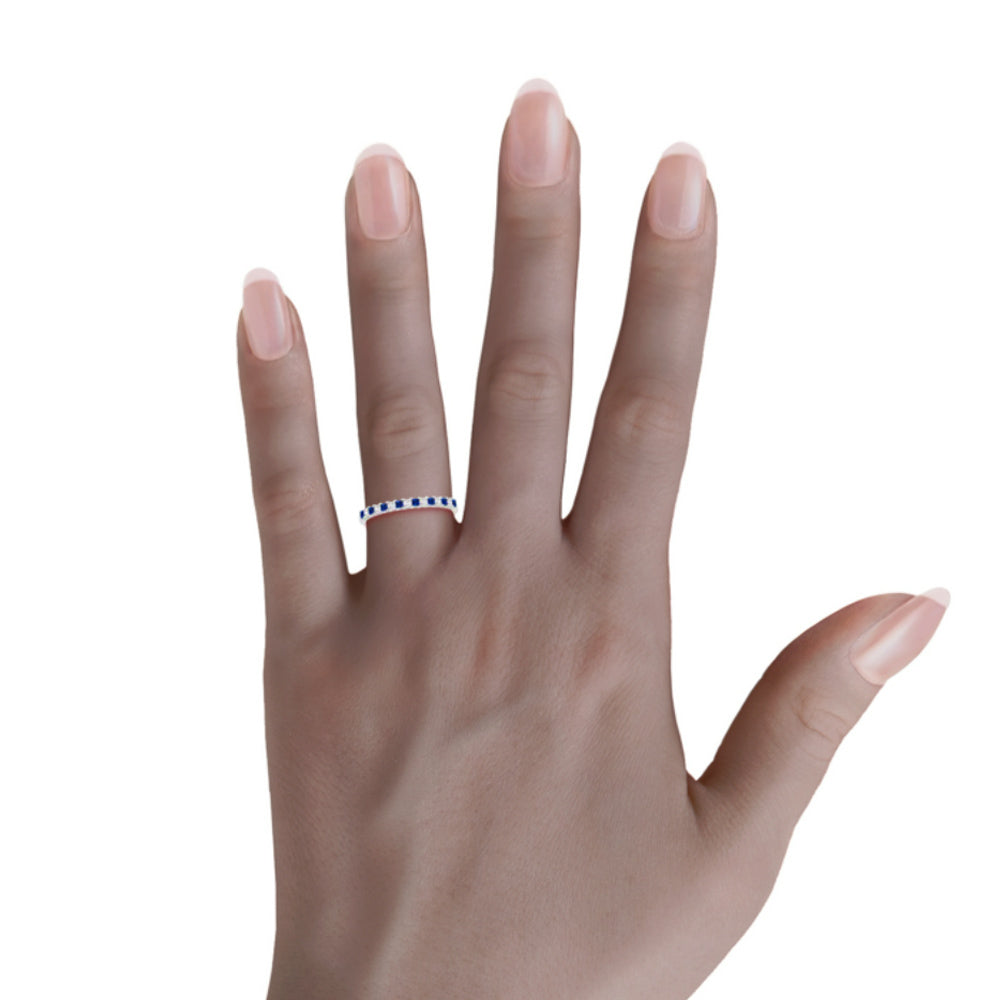 Alternating Princess Moissanite And Sapphire Half Eternity Wedding Band Ring