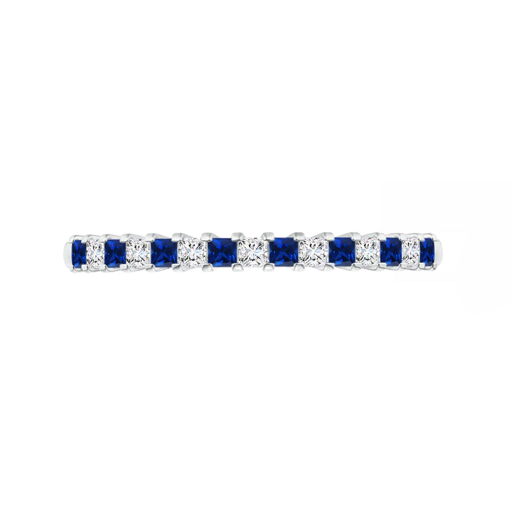 Alternating Princess Moissanite And Sapphire Half Eternity Wedding Band Ring