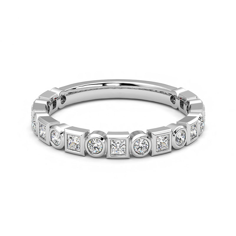 Alternating Round And Princess Cut Moissanite Bezel Set Half Eternity Wedding Band