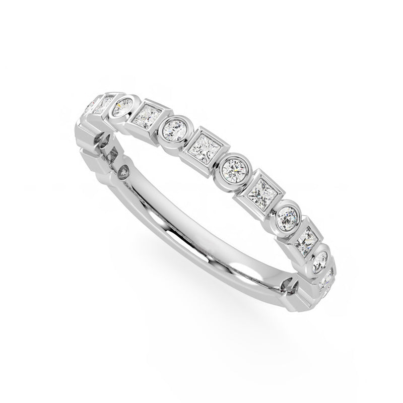 Alternating Round And Princess Cut Moissanite Bezel Set Half Eternity Wedding Band