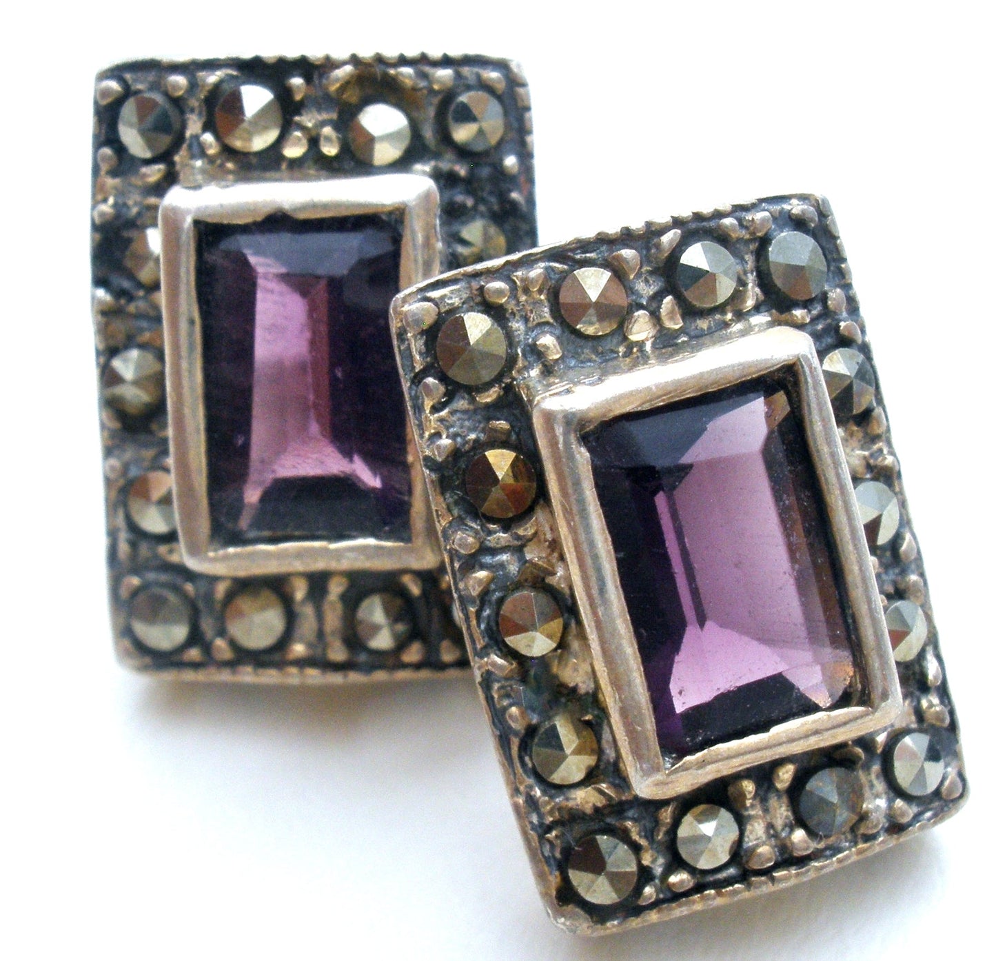 Amethyst & Marcasite Earrings Sterling Silver