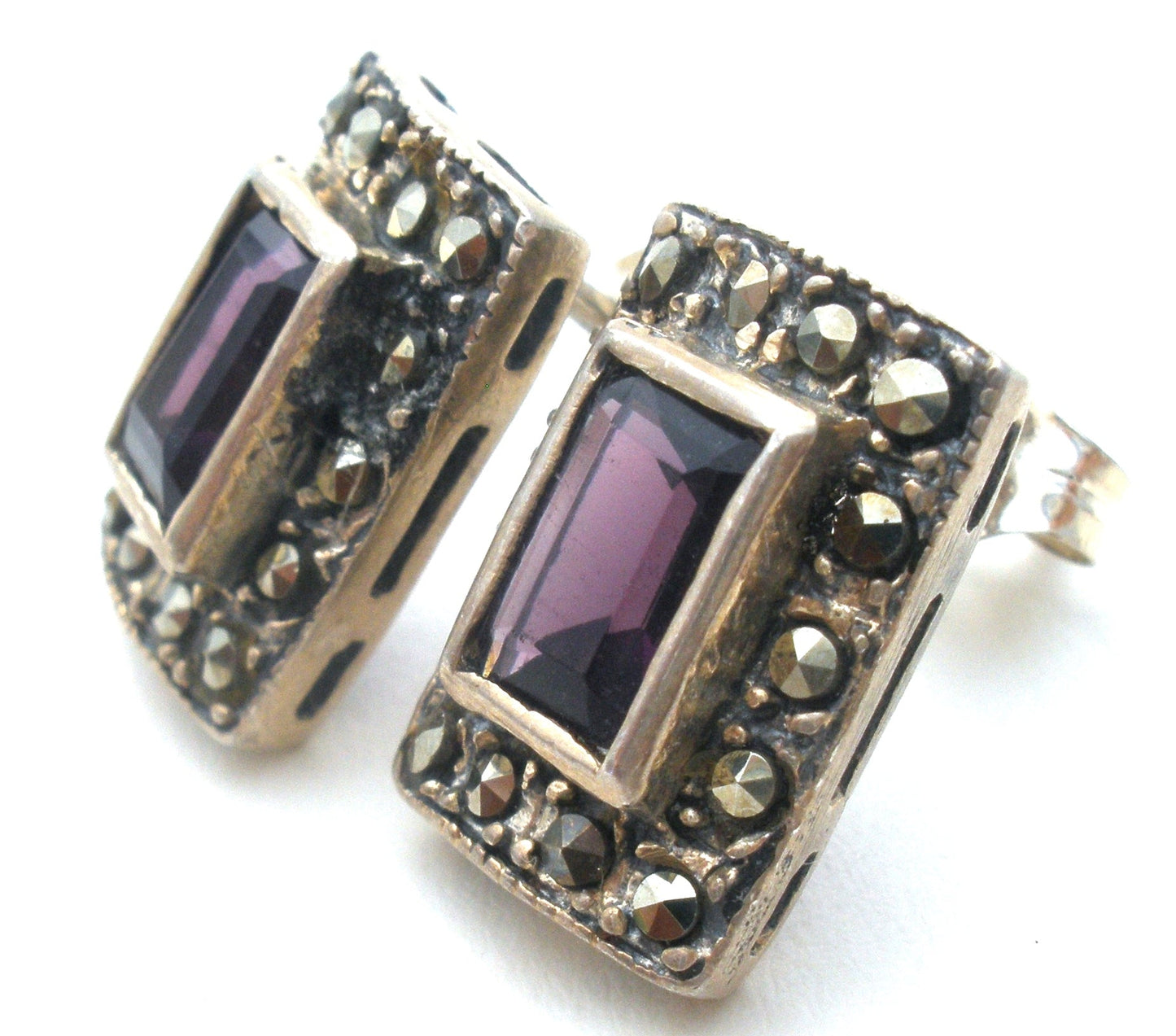 Amethyst & Marcasite Earrings Sterling Silver