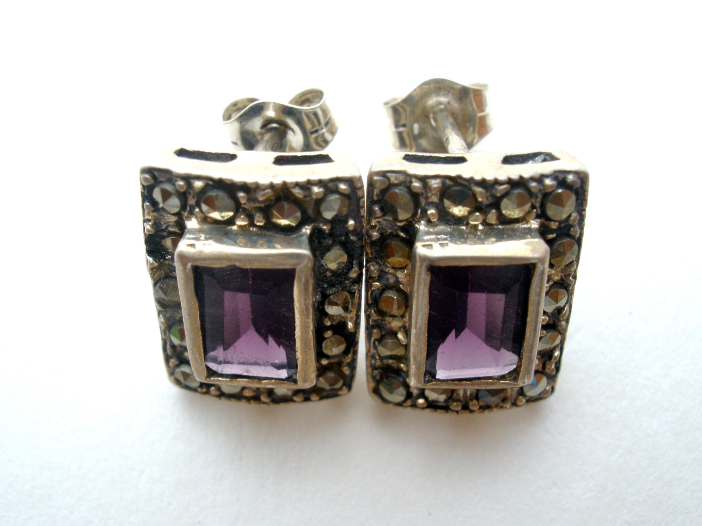 Amethyst & Marcasite Earrings Sterling Silver