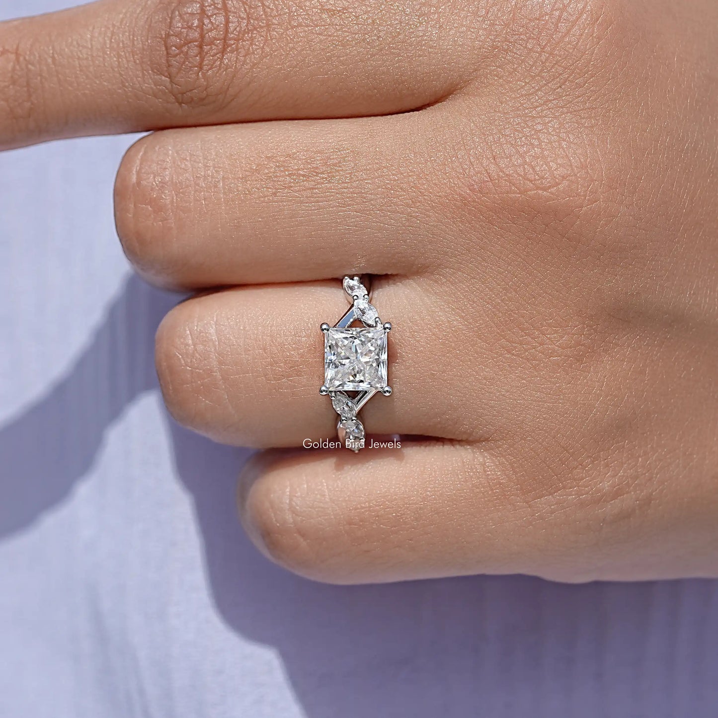 Colorless Square Cut Moissanite Floral Promise Ring