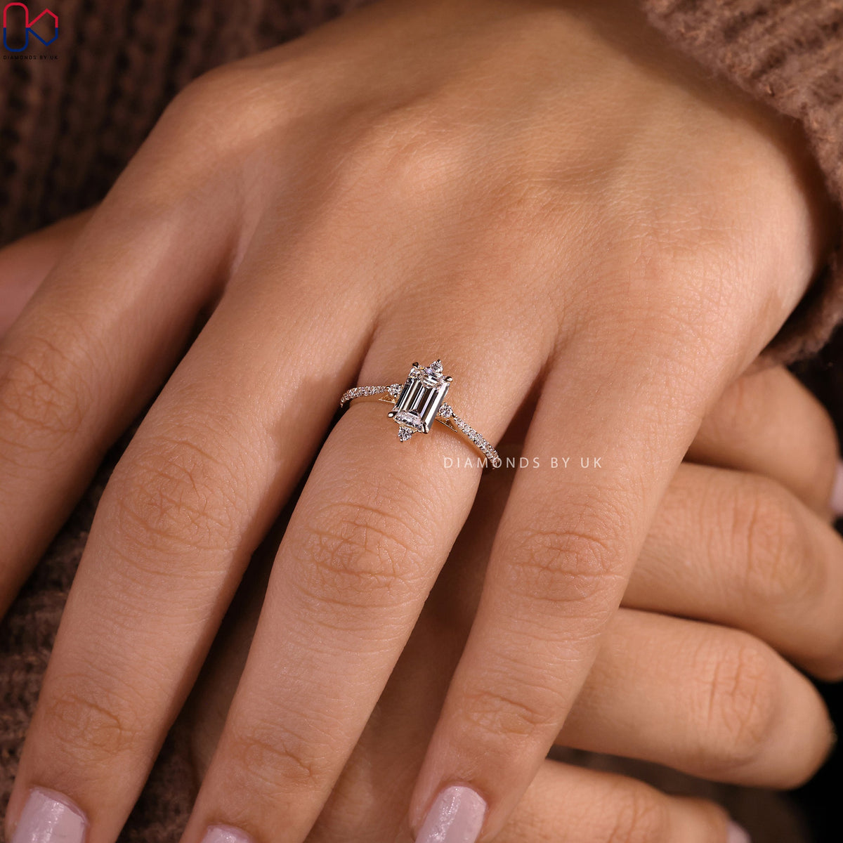 Emerald Diamond Engagement Ring With Tapered Pave Setting