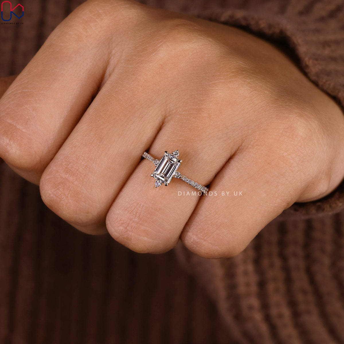 Emerald Diamond Engagement Ring With Tapered Pave Setting