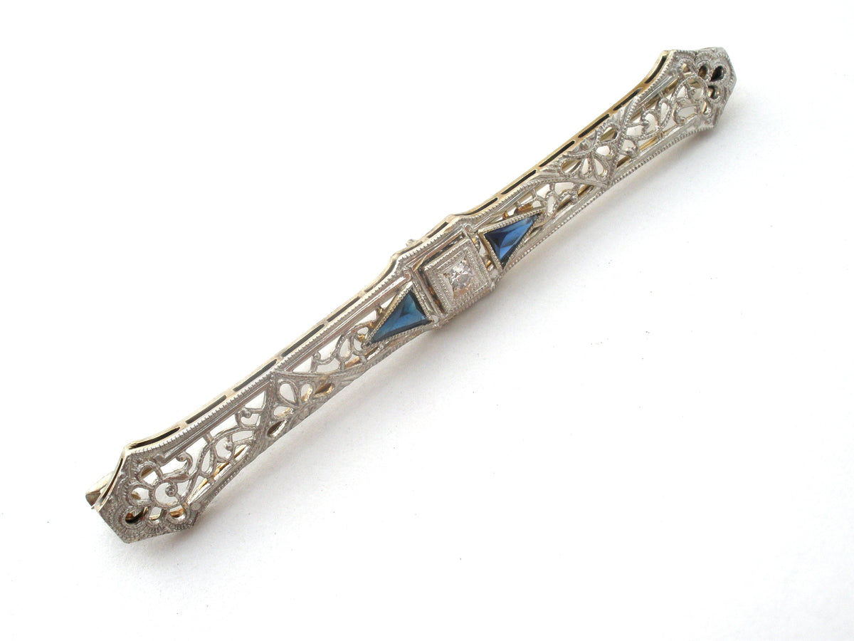 Antique 14K Gold Sapphire & Diamond Bar Pin Brooch