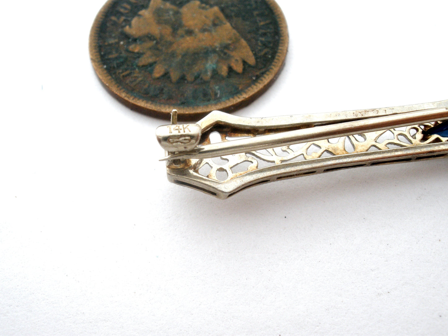 Antique 14K Gold Sapphire & Diamond Bar Pin Brooch