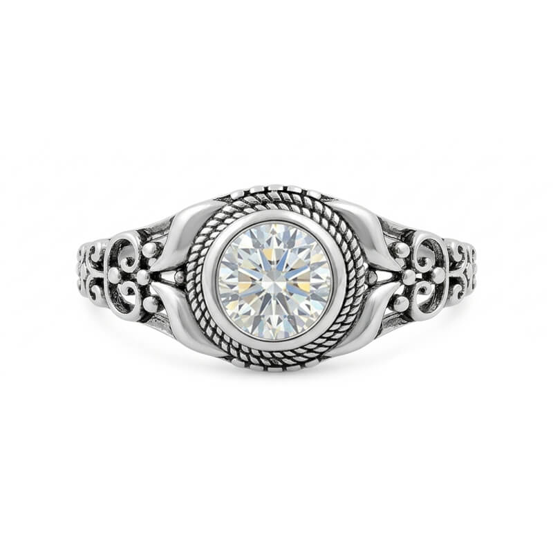 Antique Baroque Scroll Filigree Bezel Moissanite Engagement Ring