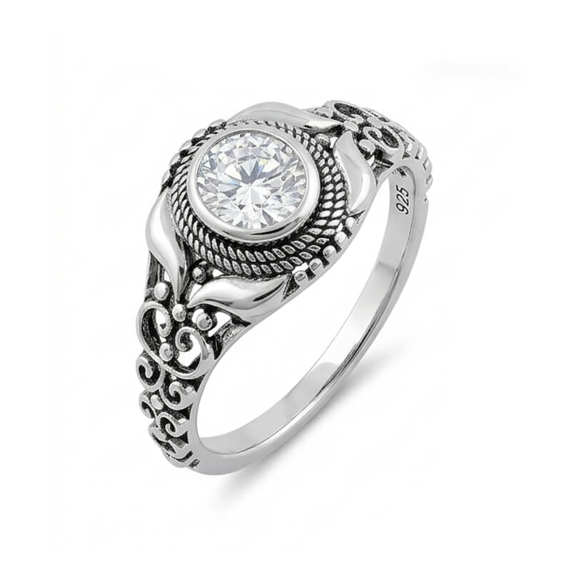 Antique Baroque Scroll Filigree Bezel Moissanite Engagement Ring