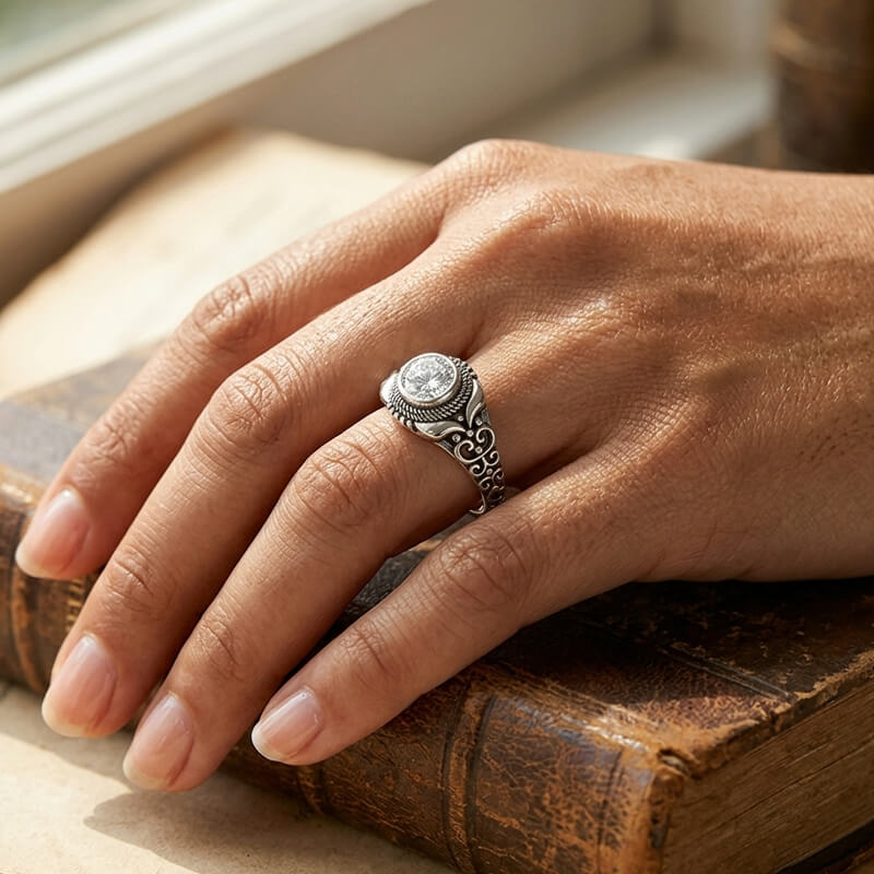 Antique Baroque Scroll Filigree Bezel Moissanite Engagement Ring