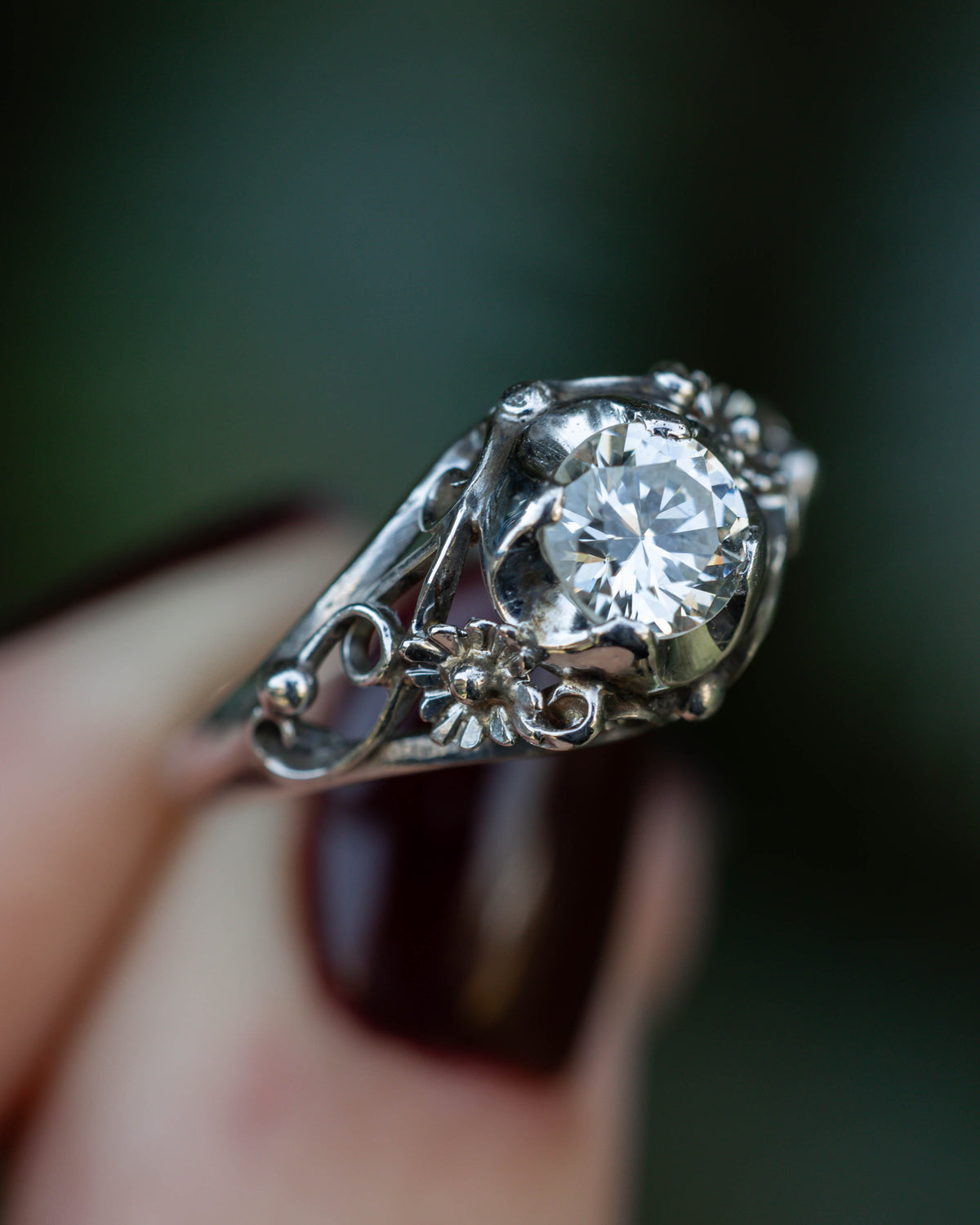 Vintage Art Deco Diamond Floral Engagement Ring In 14K White Gold