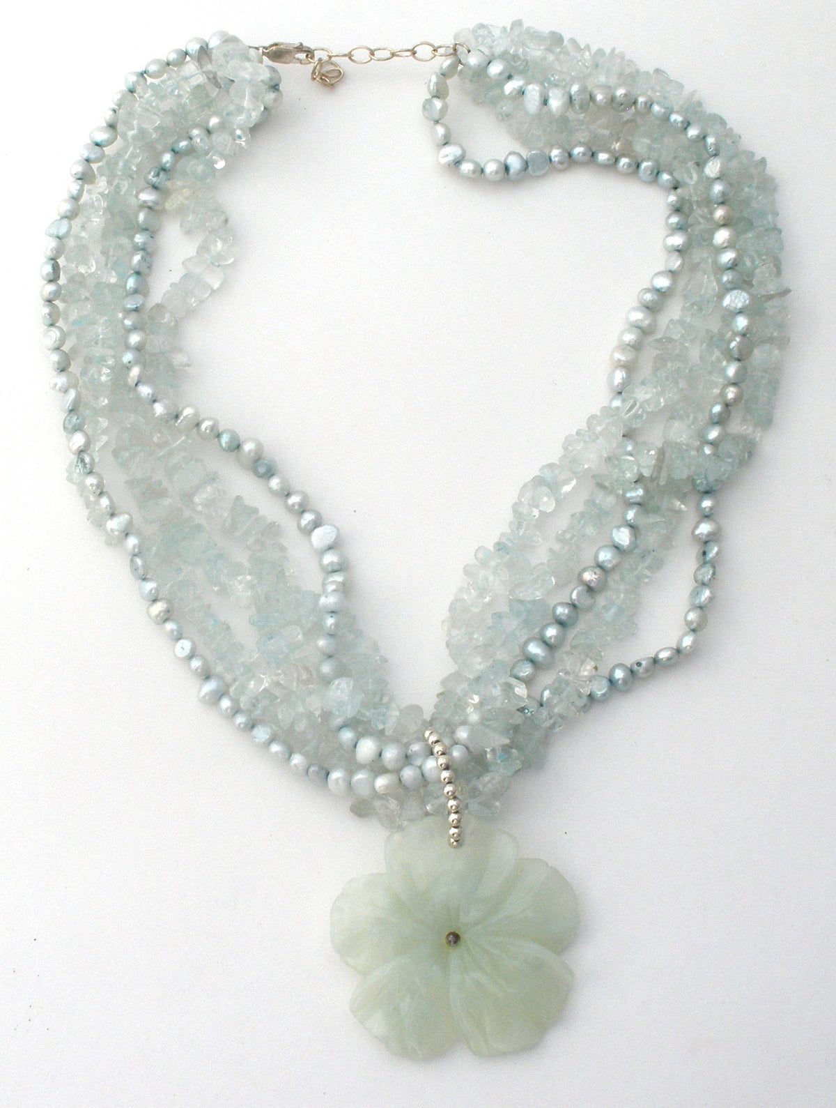 Aquamarine & Blue Pearl Flower Necklace 925