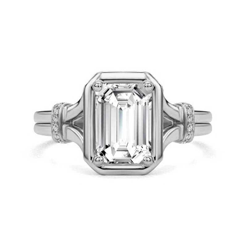 Architectural Emerald Cut Moissanite Split Shank Engagement Ring
