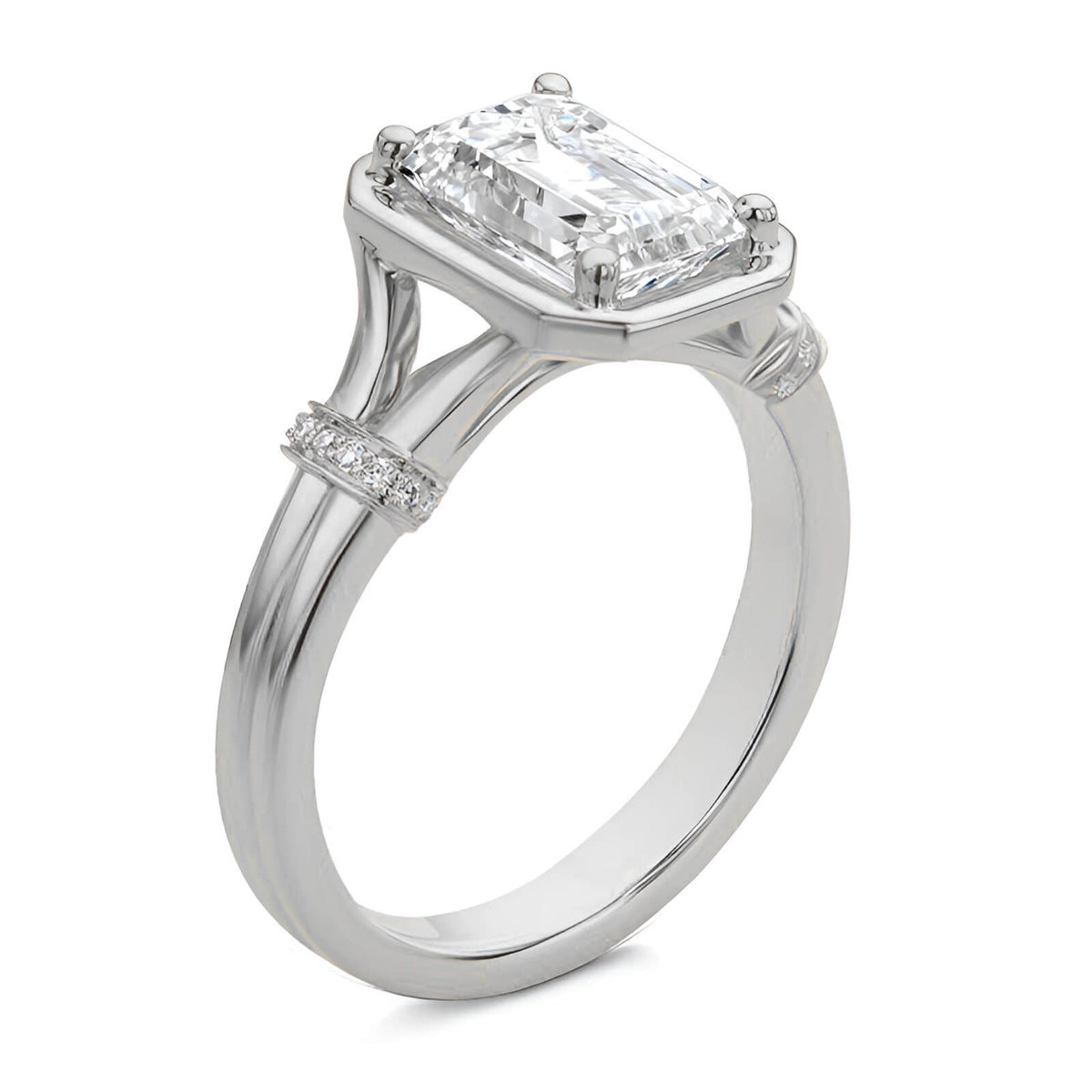 Architectural Emerald Cut Moissanite Split Shank Engagement Ring