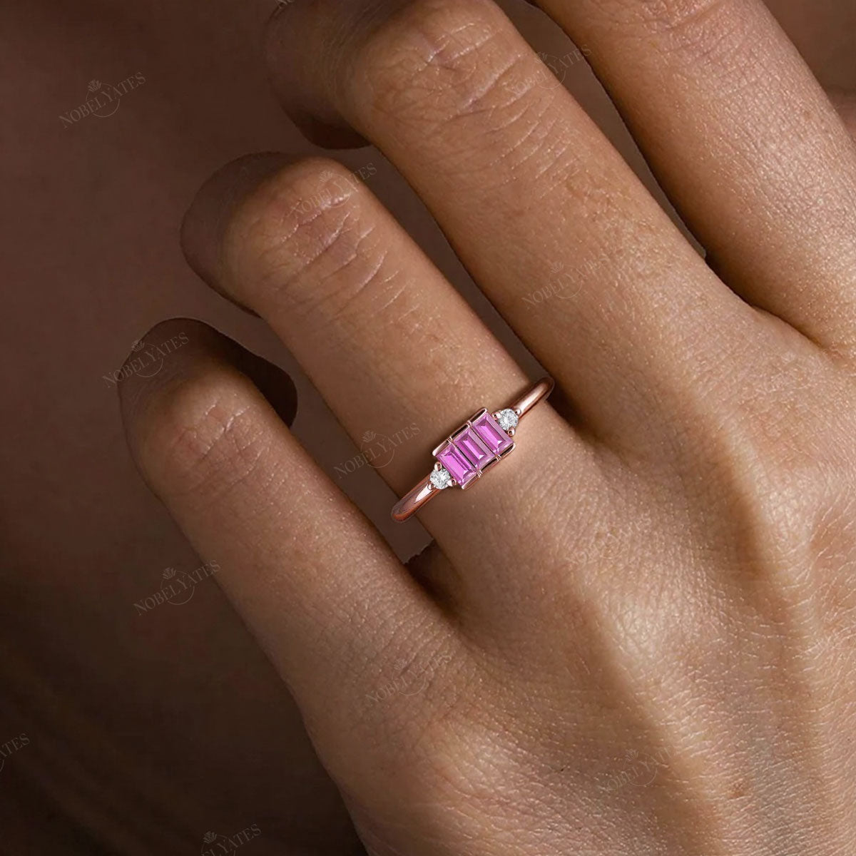 Art Deco Lab Pink Sapphire Baguette Cluster Engagement Ring