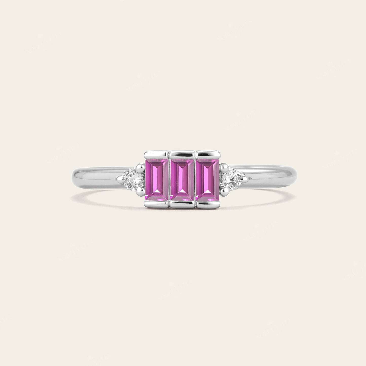 Art Deco Lab Pink Sapphire Baguette Cluster Engagement Ring