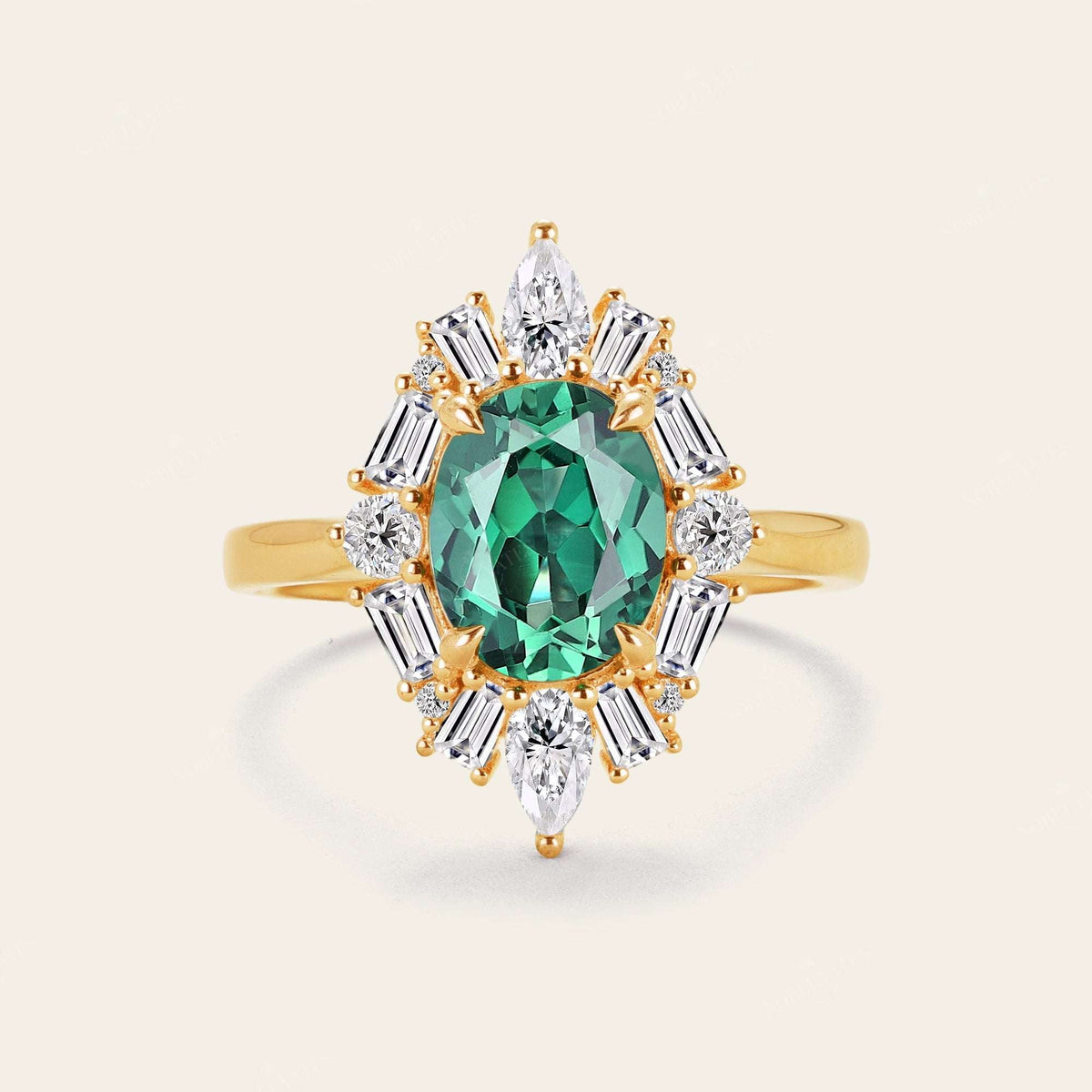 Art Deco Oval Lab Green Sapphire Halo Engagement Ring with Lab Grown Diamond
