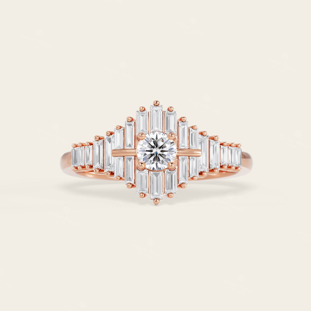 Art Deco Round & Baguette Lab Grown Diamond Engagement Ring