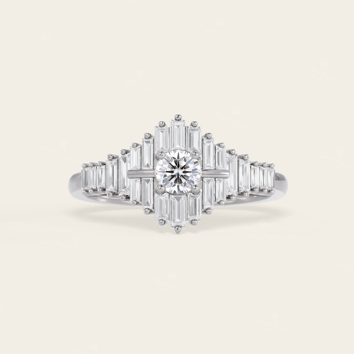 Art Deco Round & Baguette Lab Grown Diamond Engagement Ring