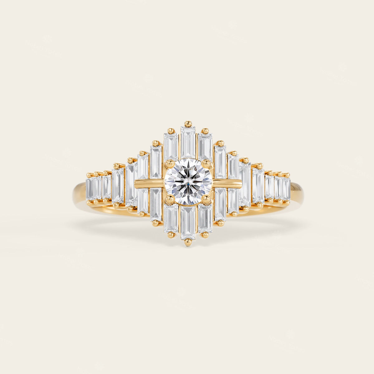 Art Deco Round & Baguette Lab Grown Diamond Engagement Ring