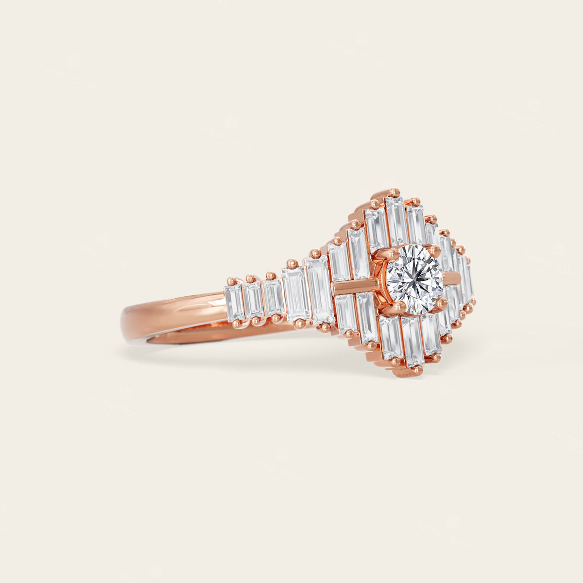 Art Deco Round & Baguette Lab Grown Diamond Engagement Ring