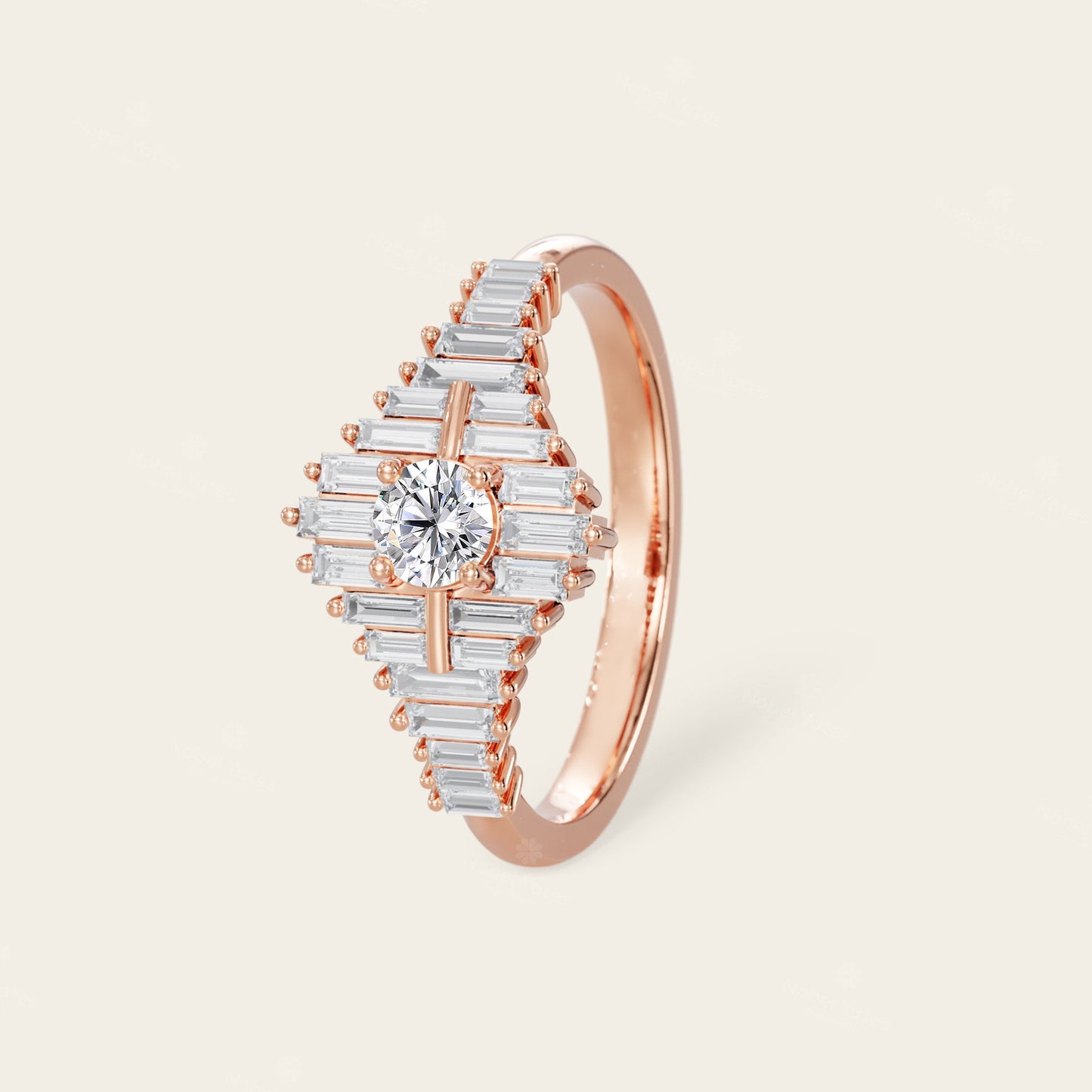 Art Deco Round & Baguette Lab Grown Diamond Engagement Ring