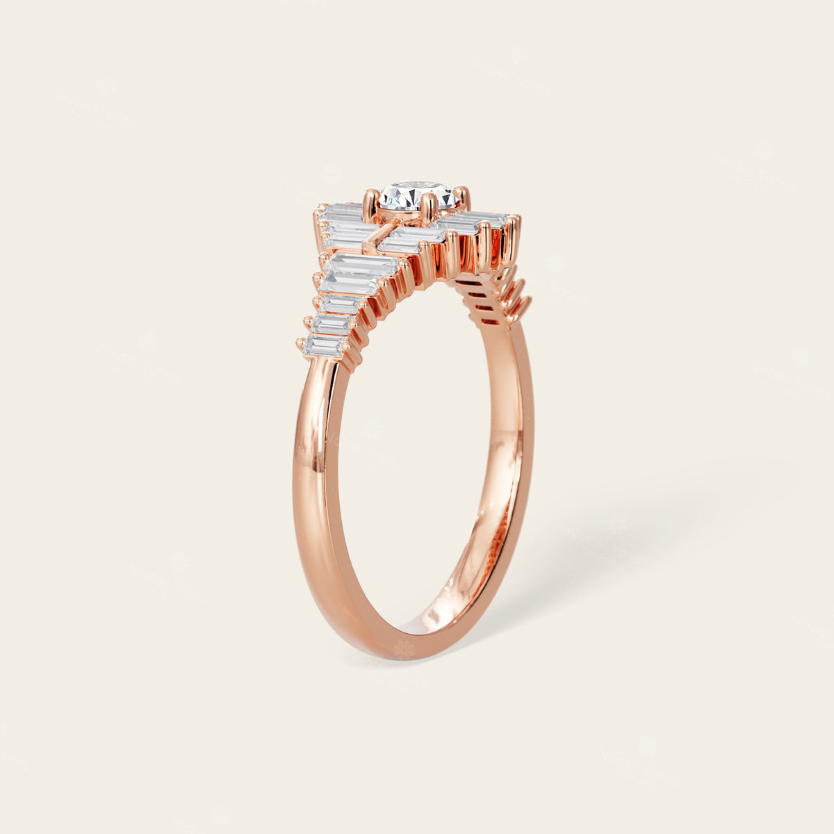 Art Deco Round & Baguette Lab Grown Diamond Engagement Ring