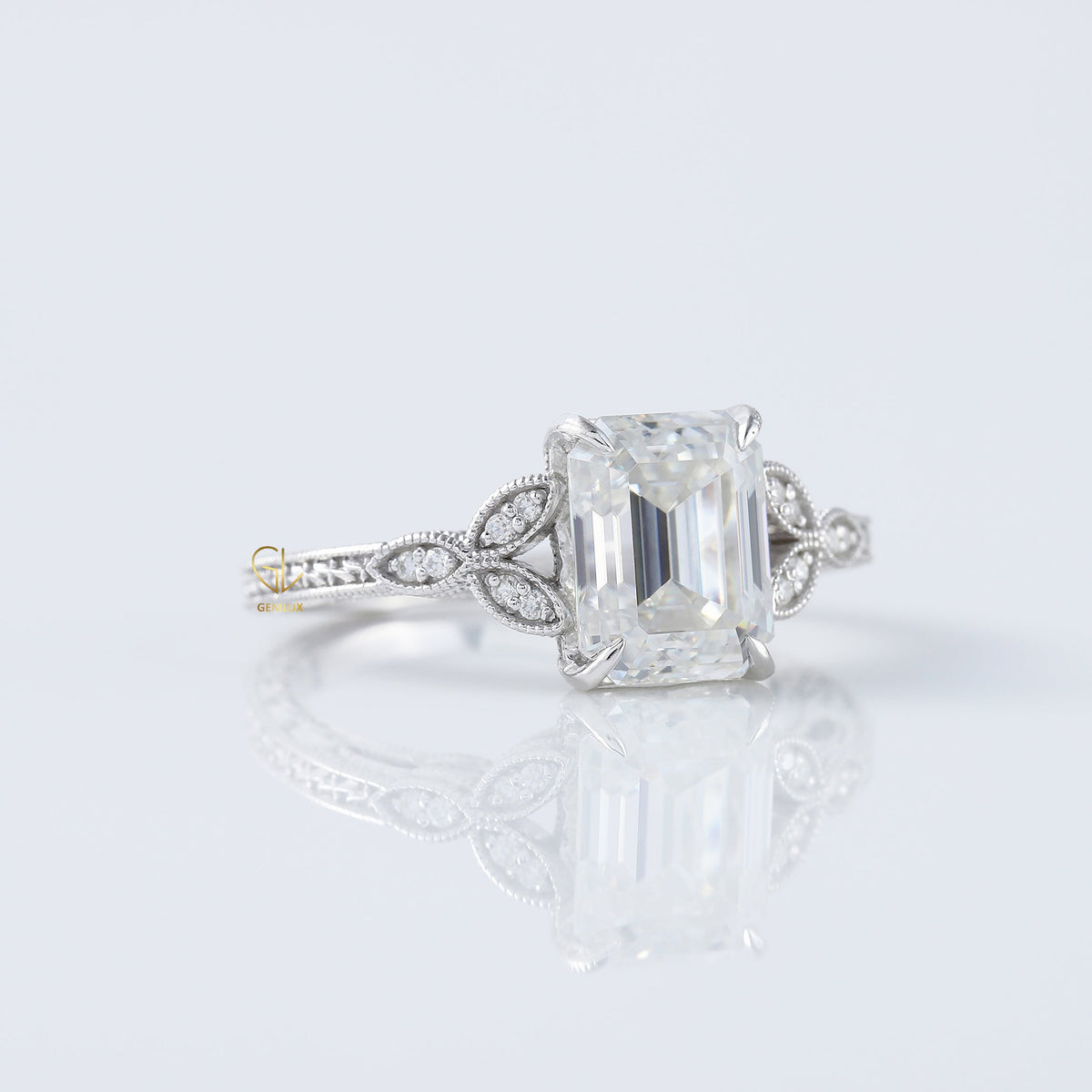 Art Deco 2.5 Ct Emerald Cut Lab Grown Diamond White Gold Ring
