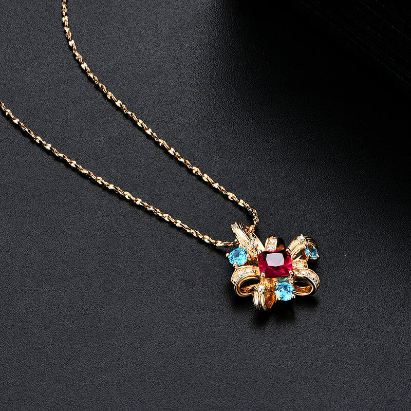 Art Deco Asscher Ruby Side Stone Necklace In Sterling Silver