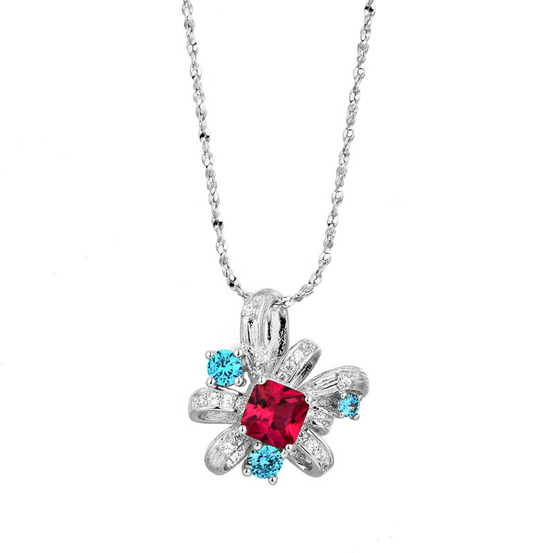 Art Deco Asscher Ruby Side Stone Necklace In Sterling Silver