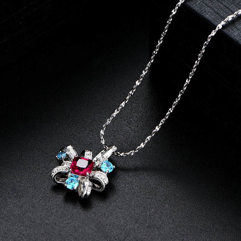 Art Deco Asscher Ruby Side Stone Necklace In Sterling Silver