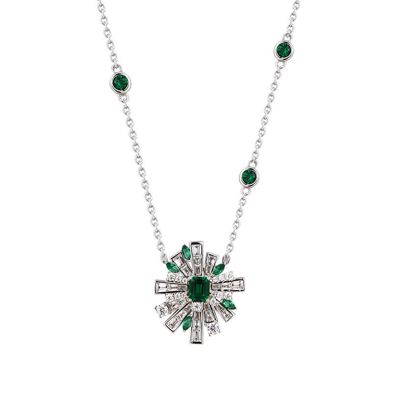 Art Deco Emerald Baguette Cluster Necklace In Sterling Silver