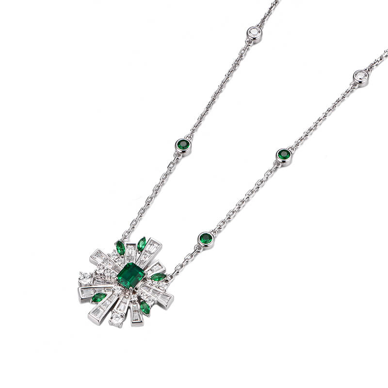 Art Deco Emerald Baguette Cluster Necklace In Sterling Silver
