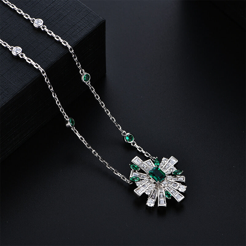 Art Deco Emerald Baguette Cluster Necklace In Sterling Silver